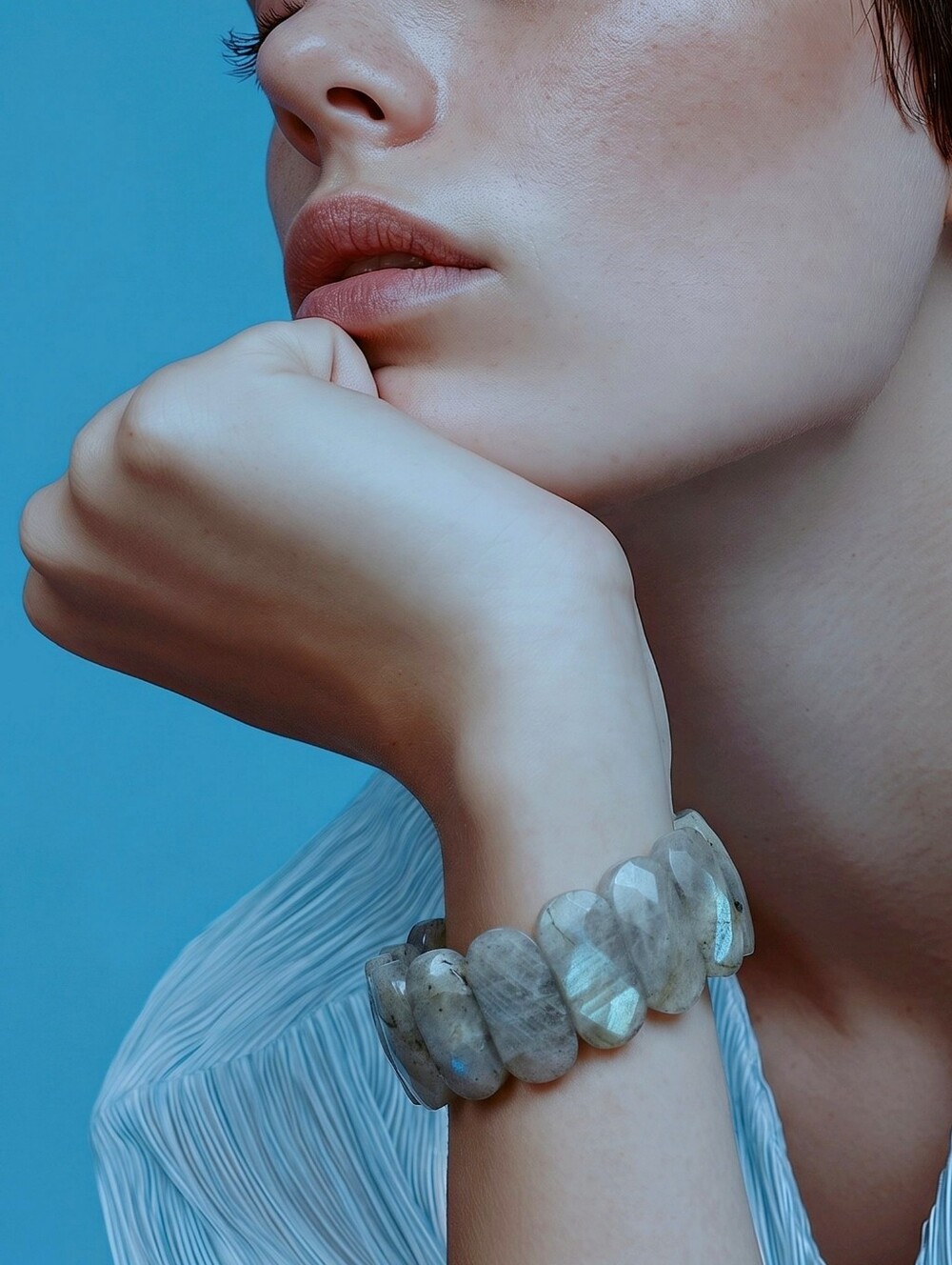Artisan Malagasy Labradorite Beaded Stretch Bracelet 925 Silver 225CTW New